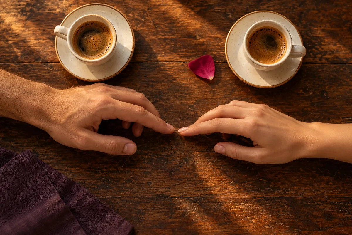 Une main d'homme et une main de femme qui se frôlent entre deux expressos, sur une table en bois